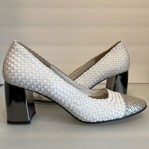 Pons Quintana White and Silver Woven Leather Mirrored Heel Shoes Size 38.5 8 US